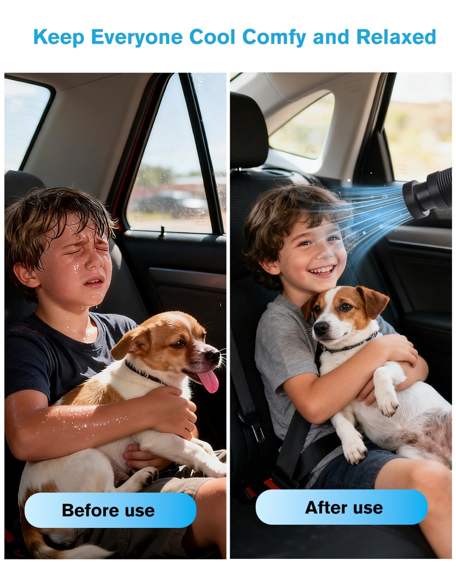 Before and after showing cool air directed to a child and pet in the back seat