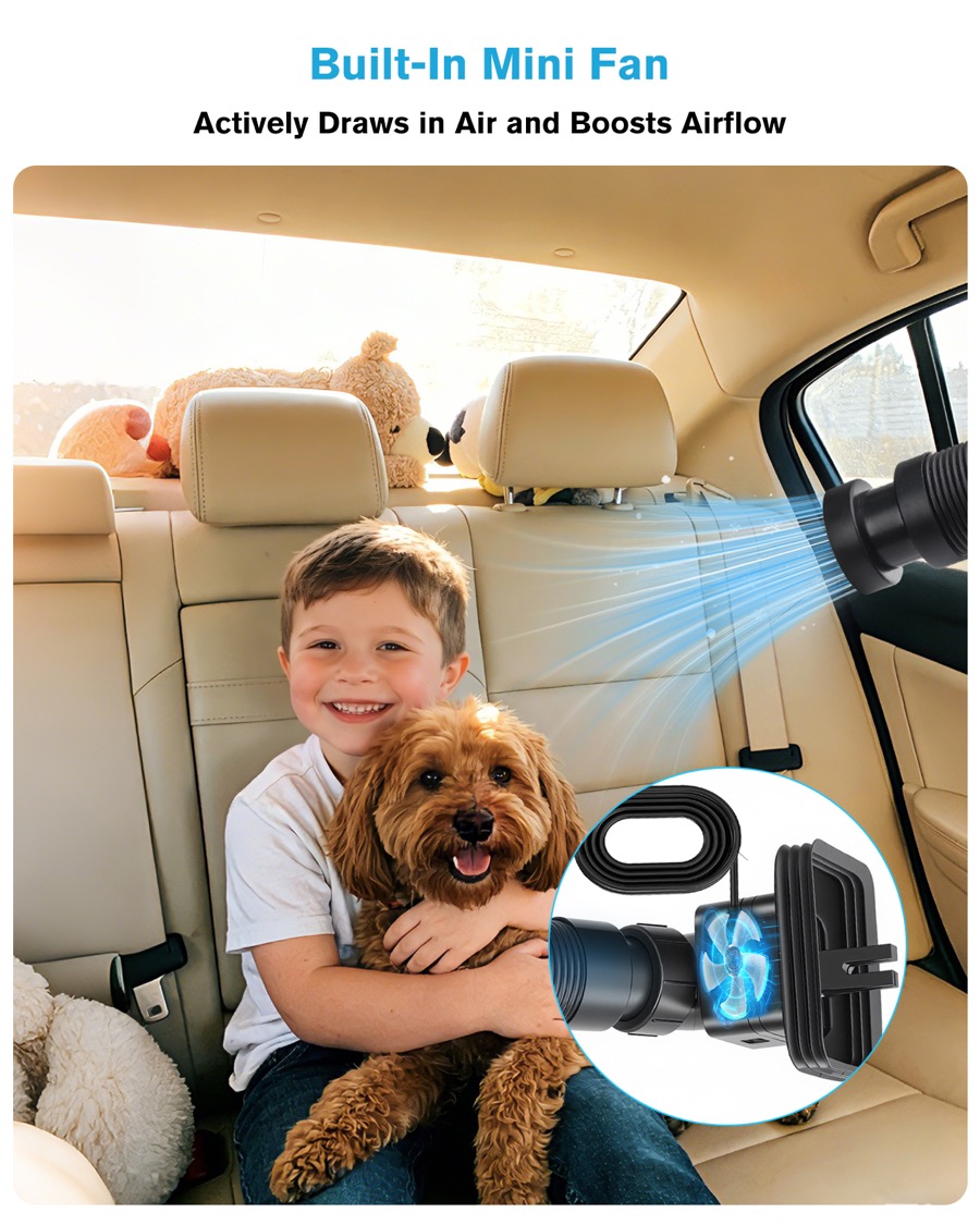 Car AC vent extender delivering air to back seat with built-in fan detail