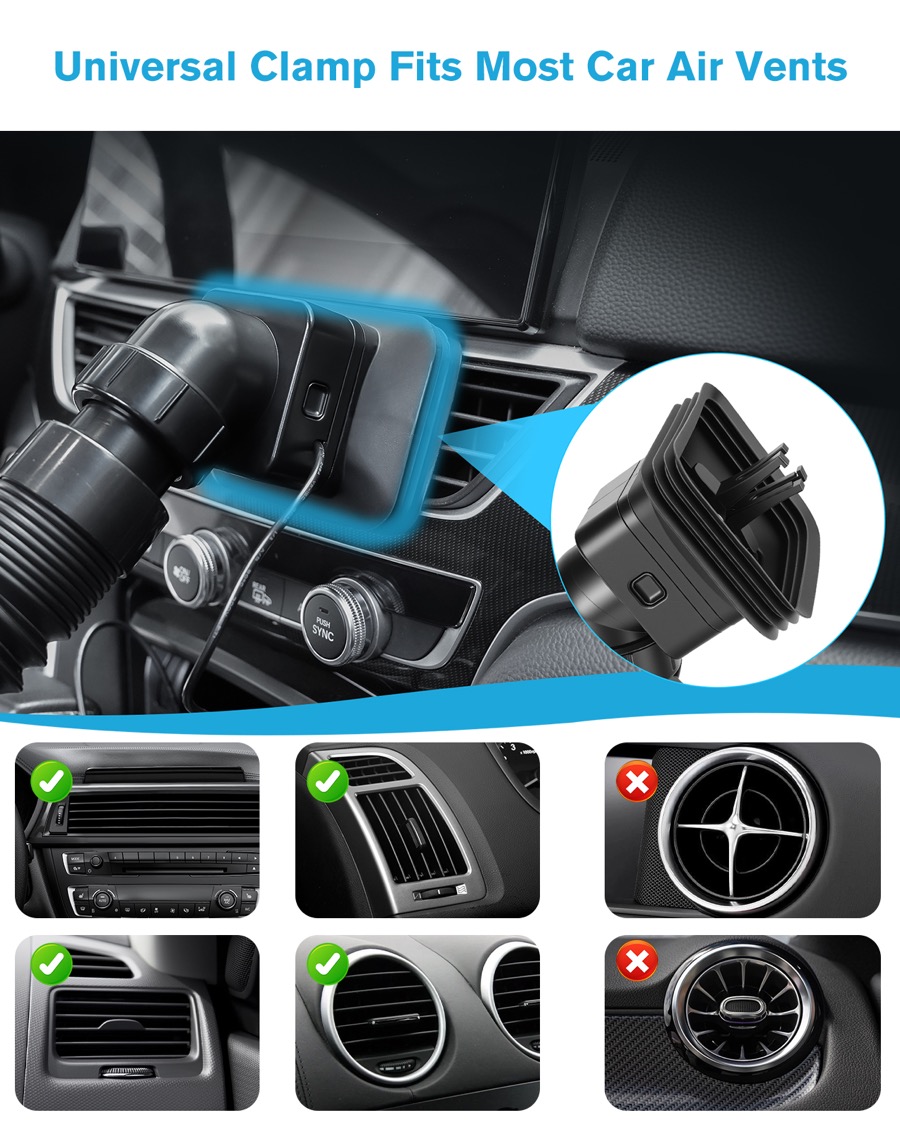 Compatibility guide for car vent types showing suitable and unsuitable vent shapes