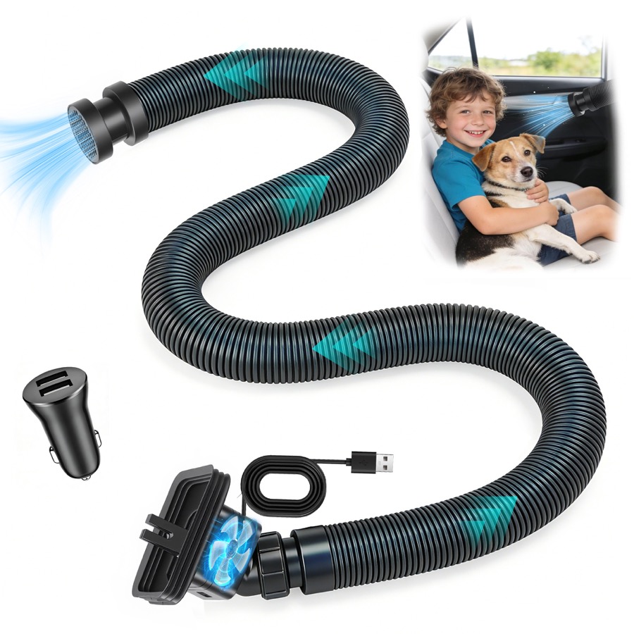 Flexible car AC vent extender hose with USB powered fan and vent clamp